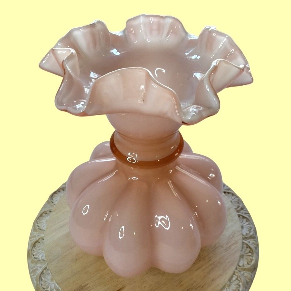 Vintage Fenton Rose Overlay Pink Melon Vase 8" Tall MCM Art Glass 1940s